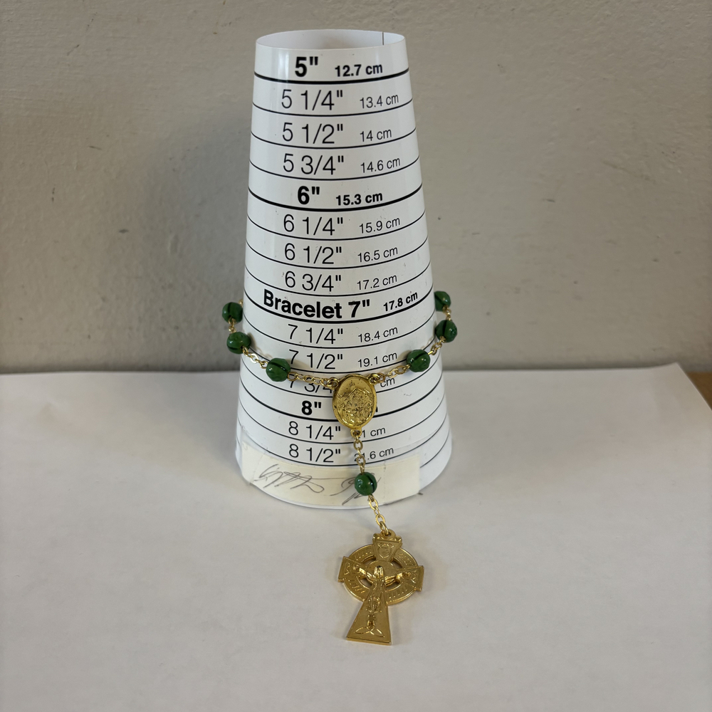 Gold-Tone Green Bead Rosary Style Catholic Bracelet
